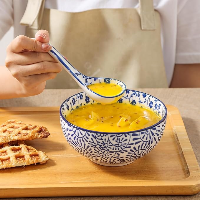 Selamica Ceramic Asian Soup Spoons Set of 6, Ceramic Chinese Soup Spoon, 6.3 Inch Ramen Spoons, Japanese Soup Spoons for Cereal Stews Noodles, Vintage Blue