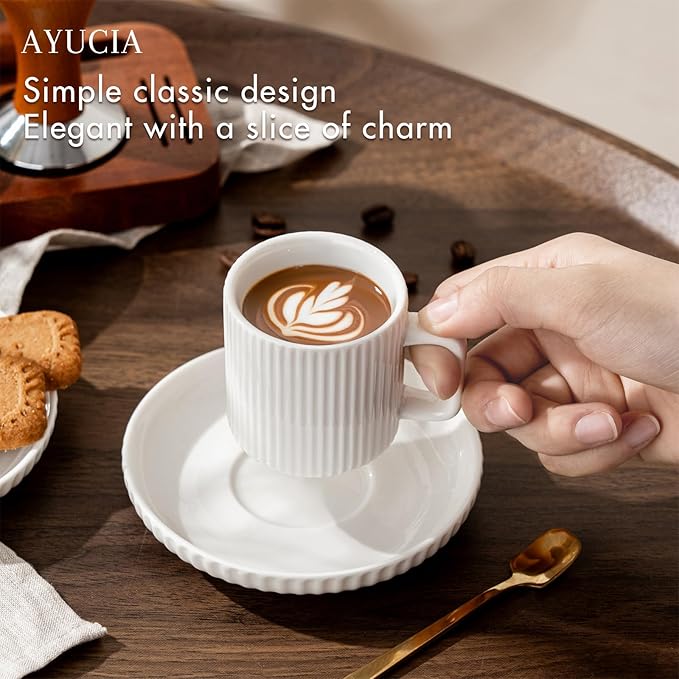 2.5OZ Espresso Cups Set of 4, White Cream Ceramic Demitasse Espresso Mugs with Saucers, Small Coffee Cups for Single/Double Espresso Shots