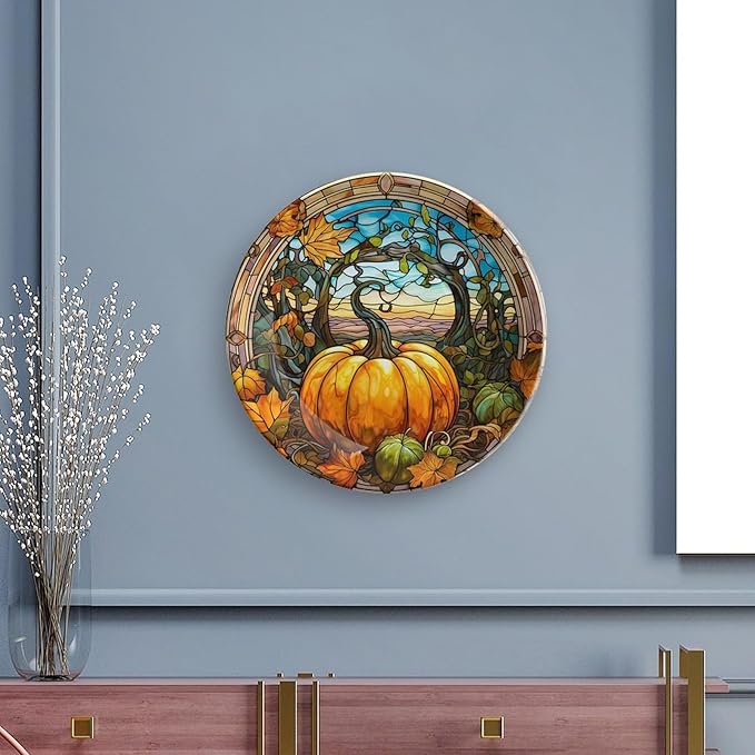 Decorative Plates for Wall Hanging, Fall Maple & Pumpkin Stained Glass Design Ceramic Plate w/Display Stand, Home Decor for Kitchen Cabinets, Farmhouse Round Tray 7 Inch, Gift for Thanksgiving