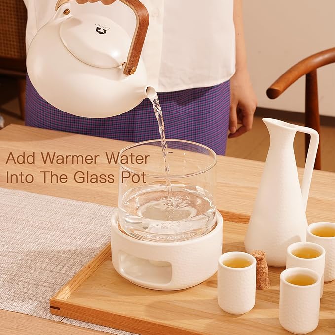 ZENS Sake Set with Warmer, 12 Ounce Embossed Ceramic Sake Bottle 6 Sake Cups and Glass Pot for Hot or Cold Japanese Sake, Sake Carafe Gift Sets with Cotton Towel
