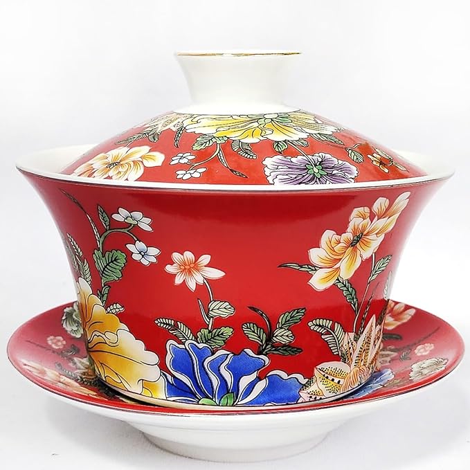 Porcelain Chinese Tea Cup,Asian Ceramic Tea Cups with Lid and Saucer,Chinese Kungfu Teamug Set Handleless Traditional Gaiwan (10oz Red)