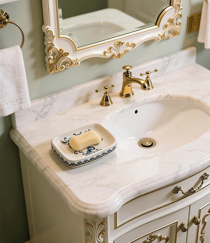 Kelake Ceramic Soap Dish Creative Ice Crack Ceramic Blue Butterfly and Flower Pattern Soap Dish Holder for Bathroom and Shower Soap Tray Box with Drain Gift for Mum Family