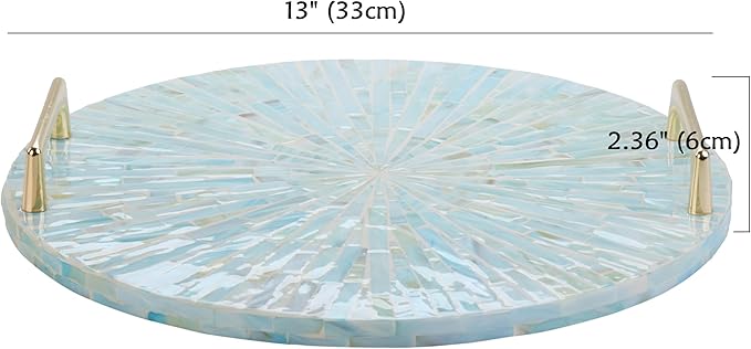 PEMAR Mother of Pearl Decorative Tray, 13"" Round with Gold Metal Handles, Vanity/Perfume/Trinket Tray, Catchall for Dresser, Bathroom, Vanity Table (Teal Sunlight), PM24-PM15