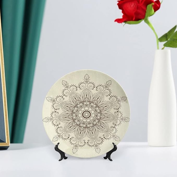 XISUNYA 6 Inch Decorative Plate, Lotus Dinner Plate, Arabesque Mandala Ritual Symbol Print Ornament Display Plate Decor Accessory for Dining, Parties, Wedding, Seal Brown Cream