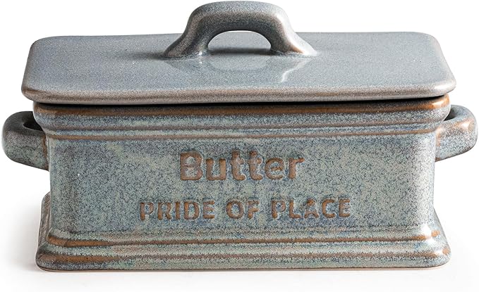 Butter Dish with Lid, Ceramic Butter Holder Container Large Butter Dish for Countertop Farmhouse Mother's Day Kitchen Decor Butter Keeper for East West Coast Butter, Gray