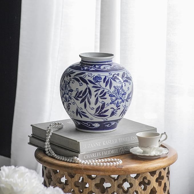 A&B Home Blue and White Porcelain Flower Vase, Ceramic Vase for Home Decor, Bedroom Living Room Console Table Accent, 9" x 9" x 9"