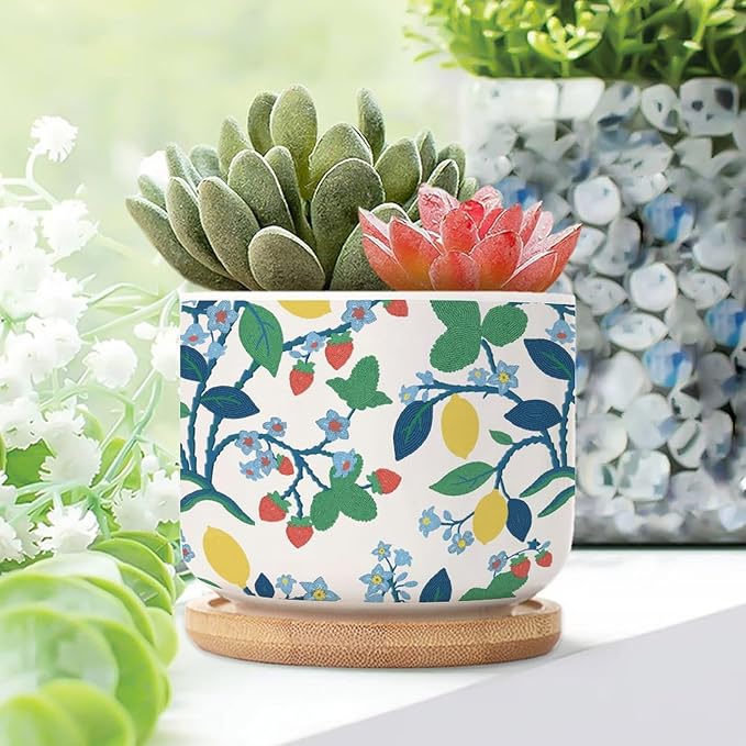 Summer Cherry Lemon Citrus Garden Small Ceramics Planter Set of 3 Leaf Fruit Strawberry Ceramics Plant Pot with Drainage Bamboo Trays Chinoiserie Style Succulents Pots