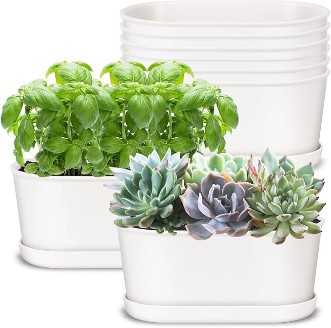 Set of 8 White Oval Window Sill Planters with Drainage Holes and Trays（7 Inch） for Herbs Basil Orchids Succulents, Modern Herb Garden Planter for Indoor/Outdoor Plants