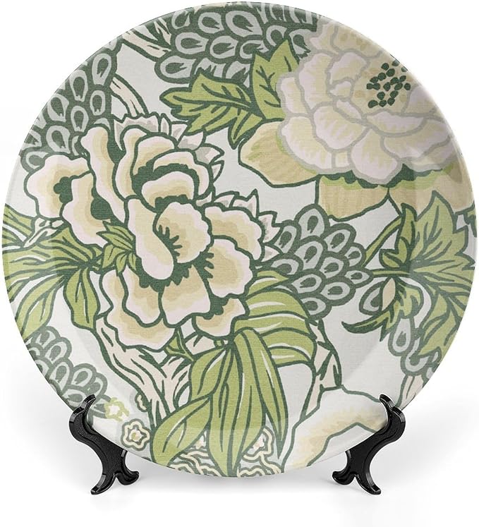 Green And White Chinoiserie Peony Floral Plates Ceramic for Display Blush Euro Peony Kitchen Club Supplies Housewarming Gifts Home Holiday Party Decorations Custom Gifts for Men Women Halloween