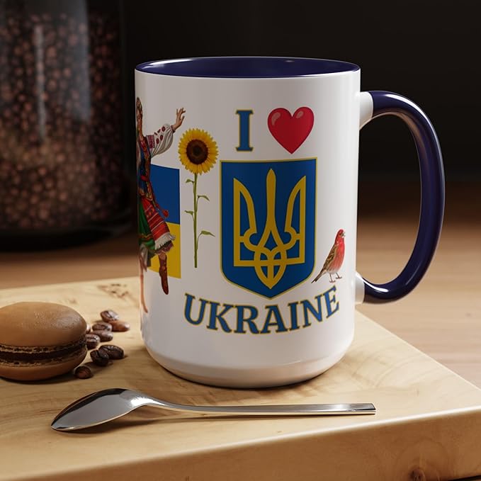 I Love Ukraine 15 oz Coffee Mug - Gift - Christmas Birthdays Gift; Tea Cup (Navy Blue Handle)