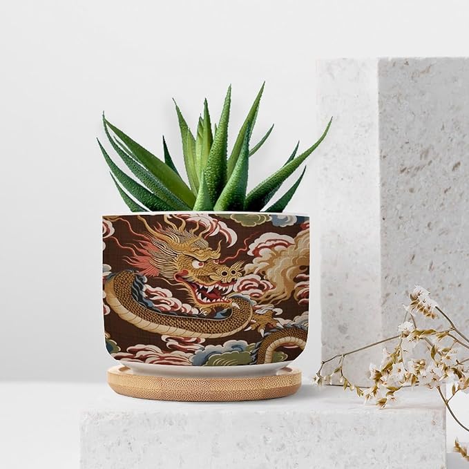 Chiang Dragon Ceramic Planters Chinoiserie Asian Pots for Plants with Drainage Holes and Saucers Pot for Indoor Outdoor Garden