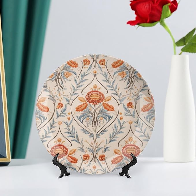 Vintage Orange Floral Fashion Plates, Birds Floral Pattern Customize Ceramic Dinner Plates for Art Decoration Wedding Display Decor, 1 Plate with 1 Display Stand Art Decorations for Household Club
