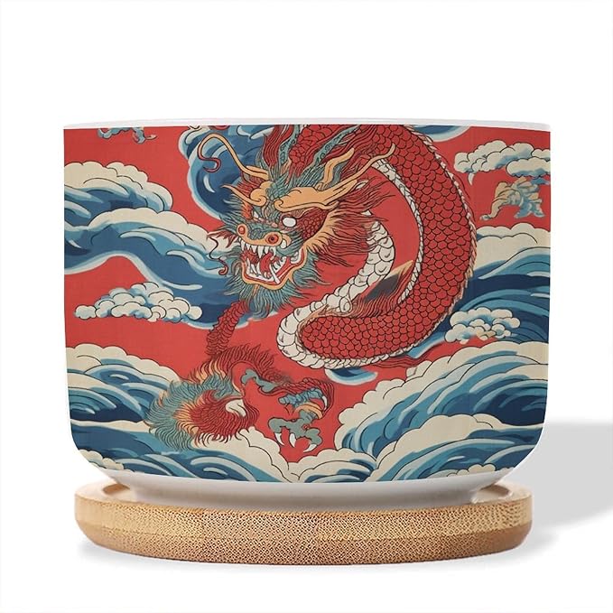 Red and Auqa Dragon Small Ceramics Pots for Plants Set of 5 Chinoiserie Dragon Ceramics Planter with Drainage Holes Chinoiserie Succulents Plant Pot Birthday Gift