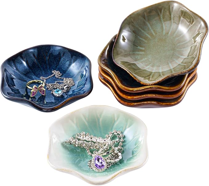 Vintage-Inspired Ceramic Jewelry Dish – Handcrafted Floral Trinket Trays in Luxe Glazed Porcelain | Antique-Style Ring Holders for Vanity & Dresser Décor (1, Kiln transformed lotus, peacock green)