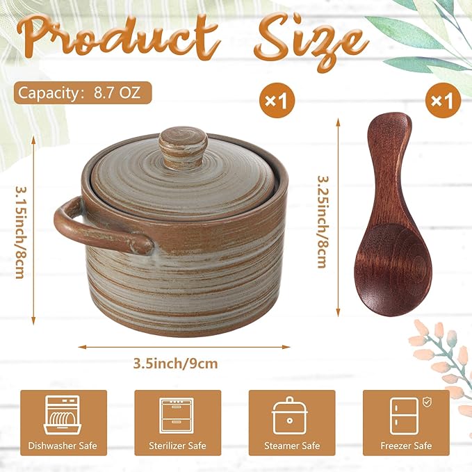 Honeydak Speckled Ceramic Salt Cellar with Lid and Wooden Spoon, Rustic Farmhouse Salt Pepper Cellar Holder for Valentines Day,Housewarming Gift, Heavyweight Spices Jar(Threaded Brown,1 Set)