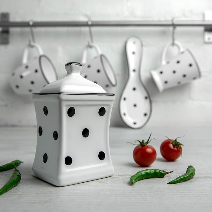 City to Cottage Handmade Small 5.3oz/150ml Ceramic Kitchen Herb, Spice, Storage Jar with Lid, Pottery Canister, Housewarming Gift (White and Black Polka Dot)