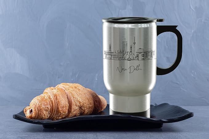 New Delhi Skyline Steel Mug, Asia Skyline 14oz Travel Mug with Handle & Lid Custom Travel Tumblers, Gift For Birthday, Spill Resistant Tumblers for Women, Personalized Tumbler