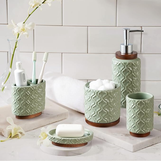 Elegant 5 PCS Ceramic&Wood Bathroom Accessories Set:Soap Dispenser,Toothbrush Holder,Tumbler,Soap Dish,Cotton Swab Jar,Easy to Clean,Quatrefoil Pattern,Green-Affordable Home Luxury