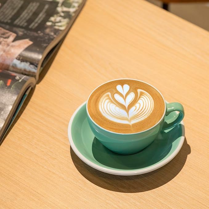 Loveramics Cappuccino Cup with Saucer, 8 oz Ceramic Coffee cup with Round Bottom for Cappuccino, Latte, Tea, Espresso, Thick-walled Stoneware Cup Set for Barista - Regular Colours (Mint, 8OZ)