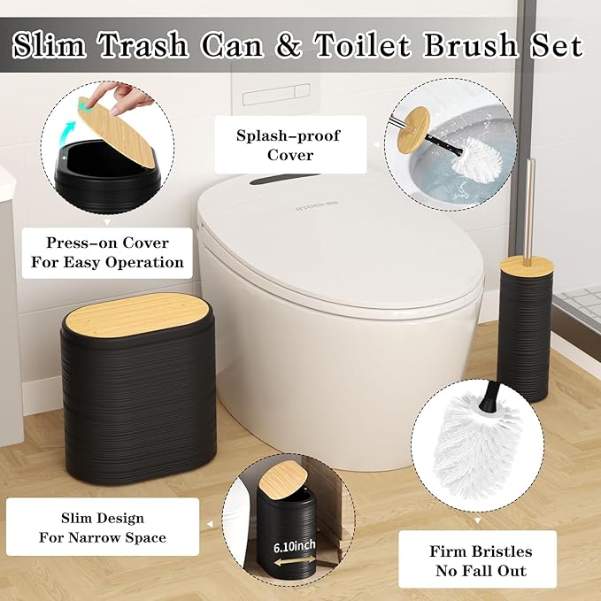Black Bathroom Set - 10PC Bathroom Accessories Set, Luxury Bathroom Accessory Set with Trash Can,Toilet Brush & 2 PC Soap Dispensers for Apartment Decor and Housewarming