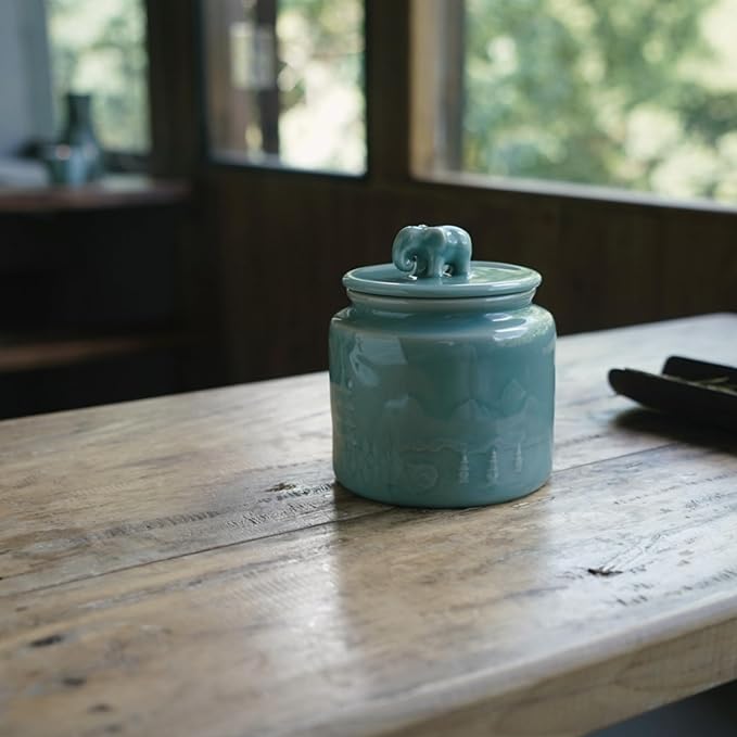 Sage Green Ceramic Storage Jar with Elephant Lid – Handmade Celadon Canister for Tea, Herbs & Spices, Airtight Jar for Kitchen, Feng Shui Gift & Home Décor