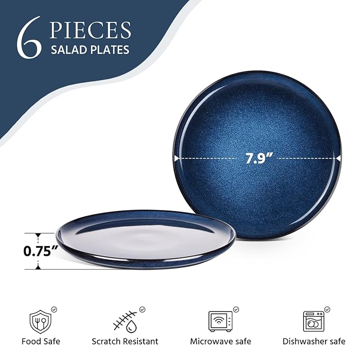 E-far 8” Ceramic Salad Plates Set of 6, Reactive Glaze Stoneware Dishes, Round Dessert Plate for Home Kitchen Restaurant, Microwave & Dishwasher Safe – Deep Sea Blue