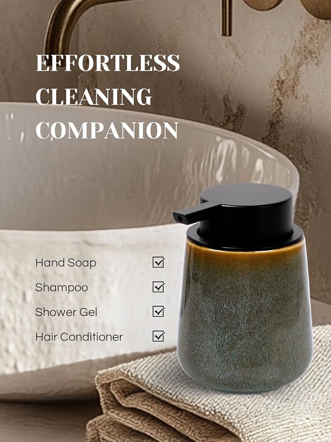INGOFIN Ceramic Foaming Soap Dispenser -12oz Foam Hand Soap Dispenser Bathroom, Modern Refillable Dish Wash Soap Bottle for Kitchen with Large Pump -Kiln-Glazed Green