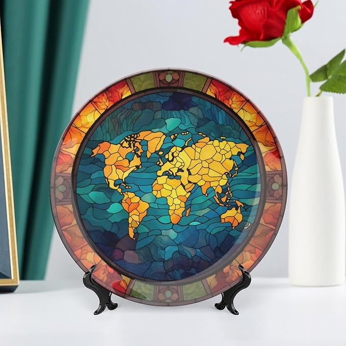Decorative Plates for Wall Hanging, Retro World Map Stained Glass Design Ceramic Plate w/Display Stand, Home Decor for Kitchen Cabinets, Round Tray 10 Inch, Gift for Adventure Lover Wanderlust