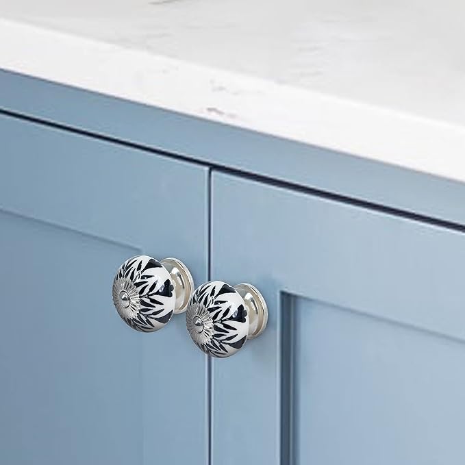 Mela Artisans 12-Pack Ceramic Kitchen Cabinet Knobs - Black & White Daffodil | Decorative Pull Handles for Dresser Drawers | Reversible Metal Backplate | 1.77” Diameter