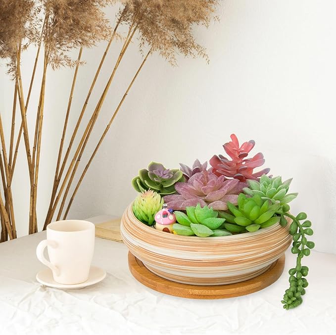 Succulent Pots - 7.3/10 Inch Large Plant Pot Ceramic Bonsai Planter with Drainage Tray, Shallow Planters for Succulents Cactus Flower Small Plants Birthday Gifts for Women