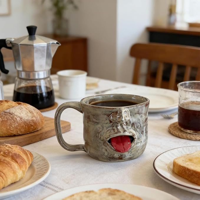 Handmade Face-Shaped Ceramic Mug, Sculptural Coffee Cup with Tongue, Artistic Sculptural Facial Cup, Funky Novelty Handmade Cup for Office And Home, Gag Gifts for Friends.