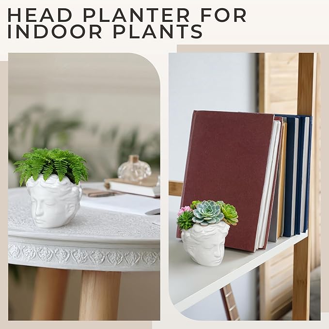 Small Head Planter - Ceramic Face Planter Pots for Indoor Plants, Cute Funny Succulent Pot with Drainage Hole, Unique Gift, 3.9"
