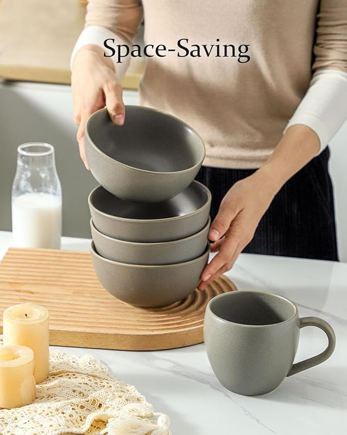 Cereal Bowls Set of 4, 24 oz Ceramic Bowls for Kitchen, Stoneware Soup Bowls for Salad, Ramen, Snack, Dessert, Unique Housewarming Gift, Dishwasher Microwave Safe, Matte Gray