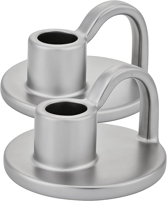 Ceramic Taper Candle Holders with Handle (Set of 2) – Tall Candlestick Holders for Table Decor Centerpieces, Rustic Home Décor, and Dinner Table Styling Matte Titanium