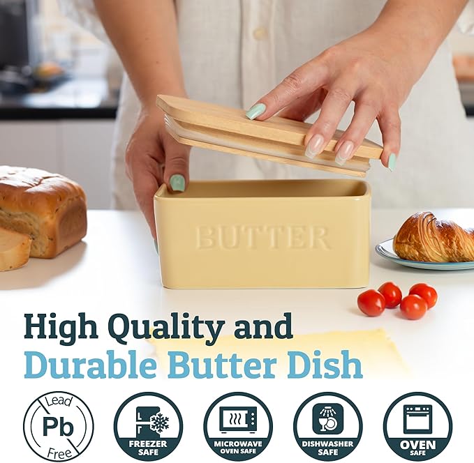 PriorityChef Extra Large Butter Dish with Lid for Countertop, Ceramic Butter Container With Airtight Cover, Butter Keeper for Counter or Fridge, Butter Holder Storage, Khaki