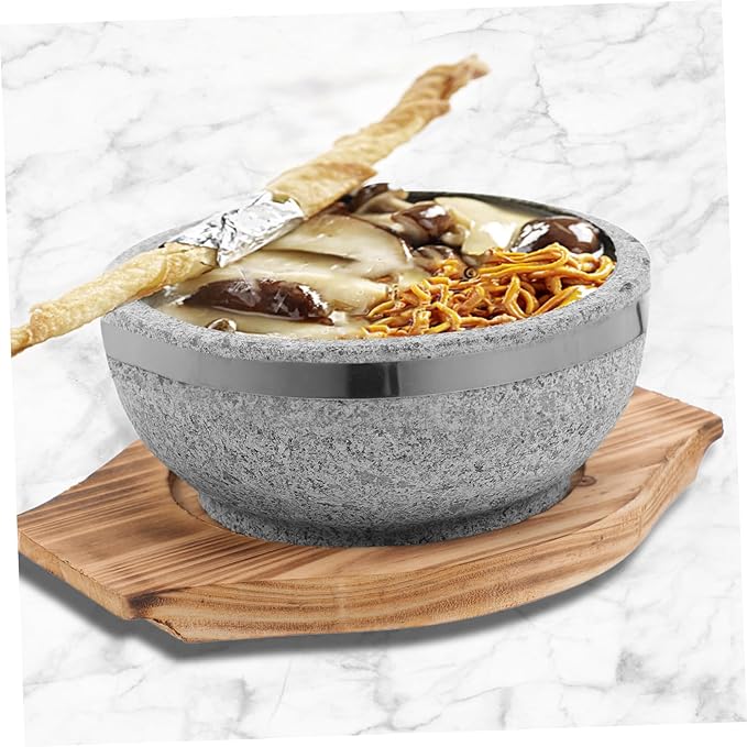 1set Korean Stone Pot - Natural Stone Bowl for Authentic Dishes No Coating Wood Base for Bibimbap Soup and Stews