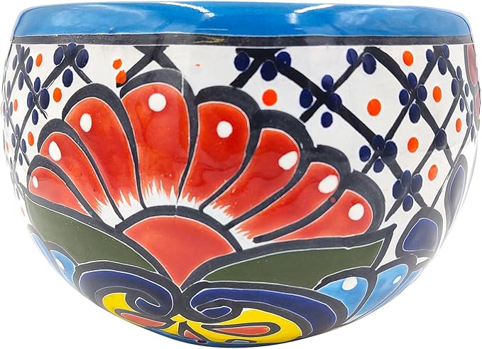 Cactus Canyon Ceramics Talavera Ceramic Planter, Hand-Painted Mexican Floral Print Plant Pot, Indoor Outdoor Round Bowl with Drainage Hole, Rustic Terracotta Decor, 8.5 Inch, Light Blue Multicolor