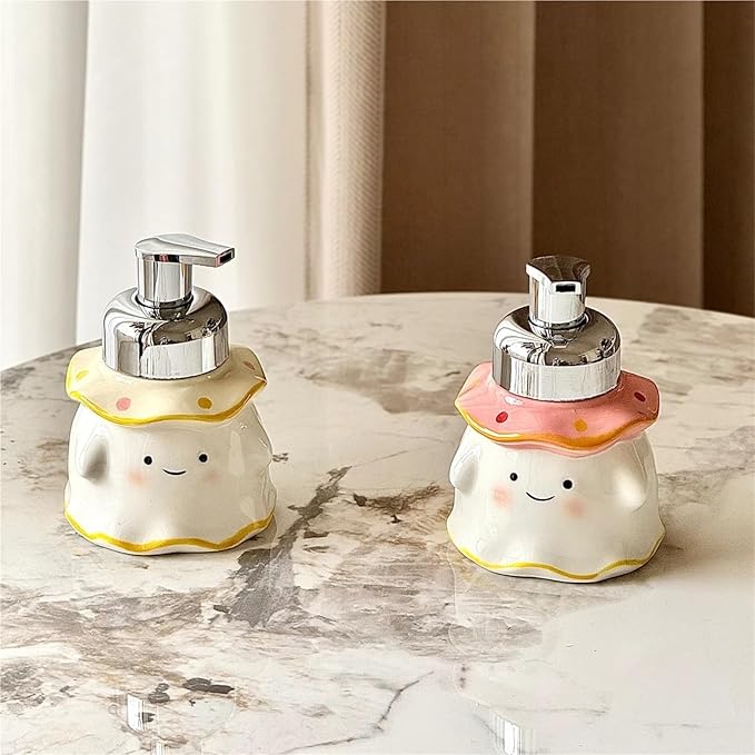 380ml Cute Ghost Ceramic Foaming Soap Dispenser - ABS Plastic Pump Container for Bathroom Vanity, Reusable Hand Soap/Bath Foam Dispenser(Pink)