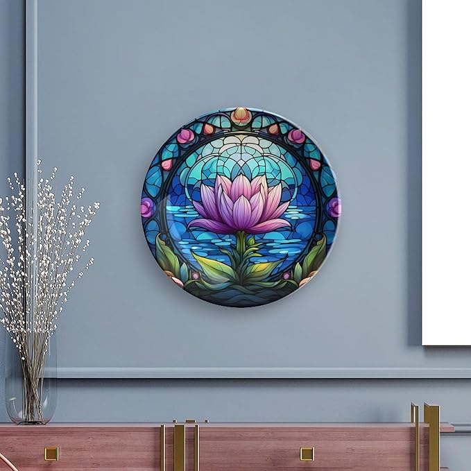 Decorative Plates for Wall Hanging, Purple Lotus Lake Landscape Stained Glass Painting Ceramic Plate w/Display Stand, Home Decor for Kitchen Cabinets, Round Tray 7 Inch, Gift for Lotus Lover