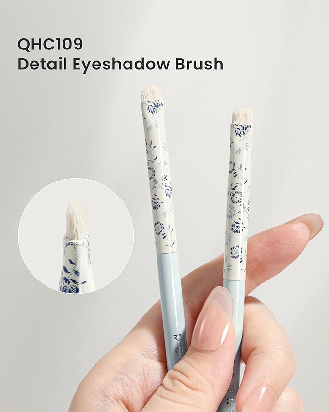 Indigo Artisan Series Small Eyeshadow Brush - Petite Tongue-Shaped Nylon Bristles for Eyeliner/Inner Corner, Blue & White Porcelain Ferrule & Lacquered Wood Handle, Vegan & Hypoallergenic (QHC 109)