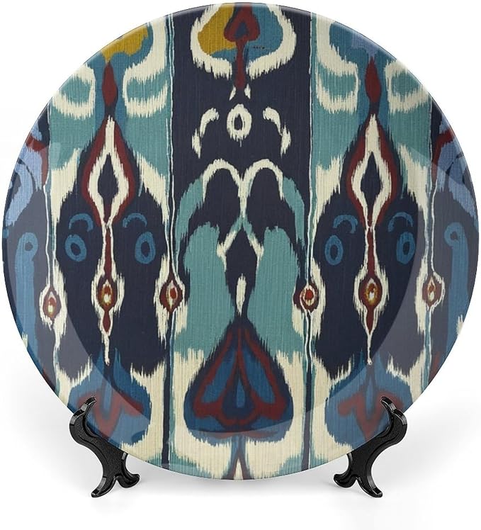Ikat Indigo Blue Vintage Plates, Customize Wall Hanging Decorative Plate for Kitchen Farmhouse Table Decor, Unique Art with Stand Art Decorations for Home Art Decoration