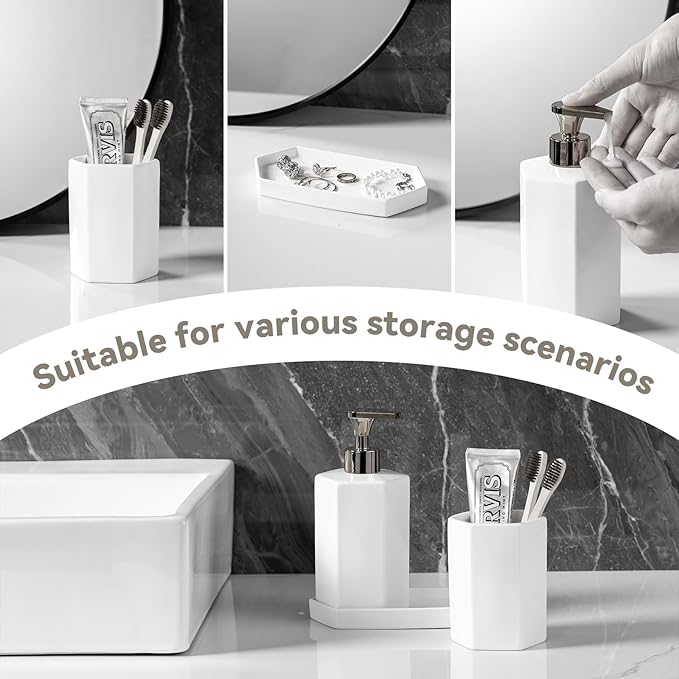 Silver Soap Dispenser Pump Ceramic Bathroom Accessories Complete with Soap Dispenser, Toothbrush Holder, Bathroom Tumbler, and Vanity Tray - Modern Bathroom Decor,3PCS