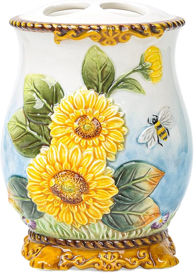 Ceramic Sunflower Bathroom Accessories Set, 4 Piece Bathroom Ensemble Set with Toothbrush Holder, Toothbrush Cup, Soap Dispenser, Soap Dish