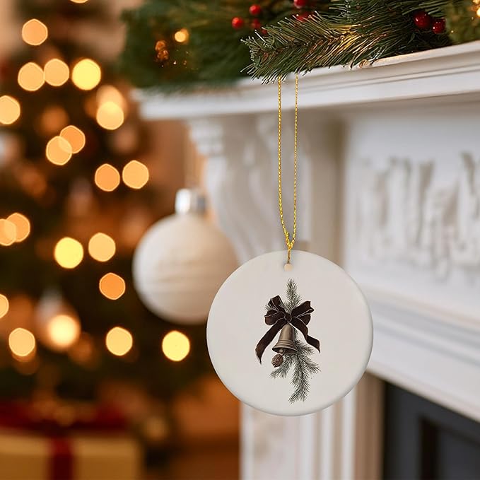 Rustic Christmas Tree Bell Ceramic Ornament Gifts, Winter Neutral Christmas Xmas Tree Decorative Hanging Ornaments for Xmas Holiday Party Decoration, Winter Decorations