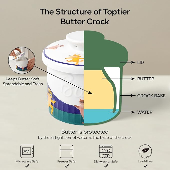 Toptier Butter Crock for Counter With Water Line, On Demand Spreadable Butter, Ceramic Butter Keeper to Leave On Counter, French Butter Dish with Lid (Animal Paradise)