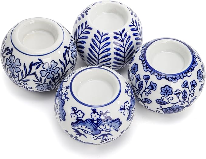 Okllen Set of 4 Blue and White Decor Ceramic Tealight Holders, Chinoiserie Decor Votive Candle Holders for Wedding Party Centerpiece, Holiday Home Table Decor, 1.8" Dx2.75 H