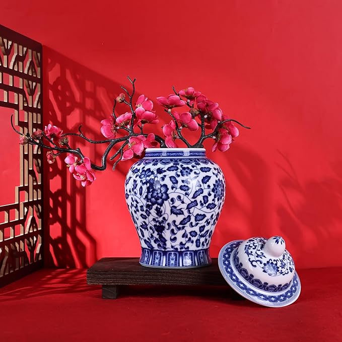 Handmade Blue and White Porcelain Ginger Jar - Traditional Chinoiserie Decorative Storage Vase, Thin-Walled Ceramic Jar for Home Decor, Tea & Display (Leaves)