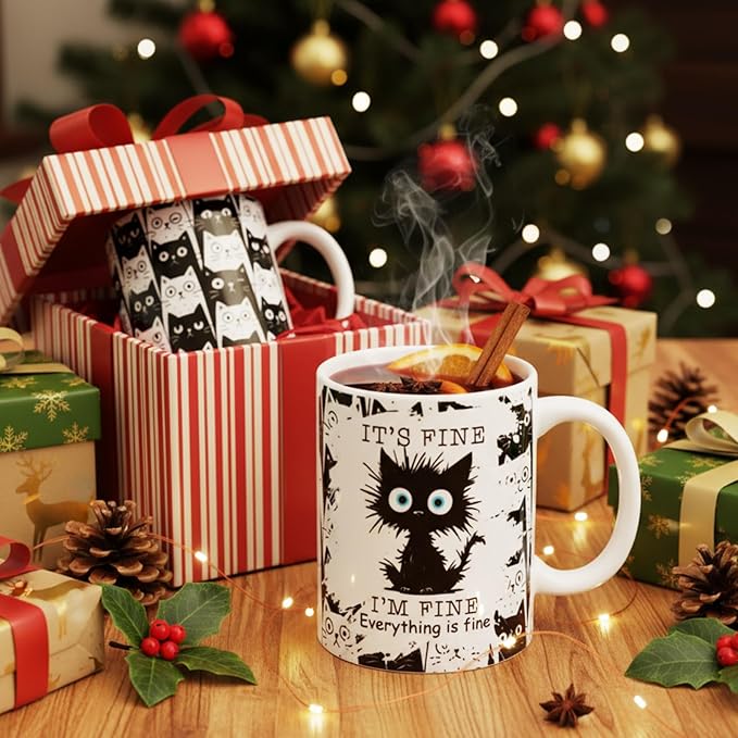 Sliner 2 Set I'm Fine Everything Is Fine Cat Mugs Black Cat Funny Coffee Cups Gifts 11 oz Ceramic Cute Tea Cup Holiday Birthday Gifts for Men Women Colleague Coworker