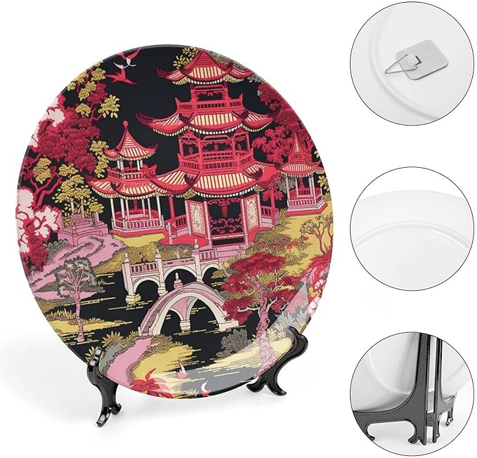 Chinoiserie Charcoal Coral Pagoda Asian China Plates, Personalized Asian Scenic Pagoda Hand-Painted Ceramic Decorative Plates, Office Festival Decorations Display, with 1 Display Stand