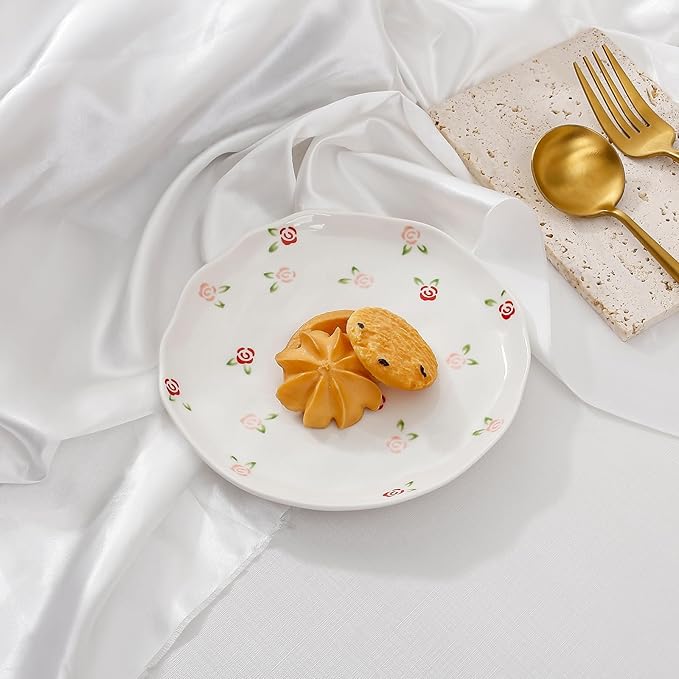 Koythin Ceramic Dessert Plates, Cute Fruits Dinner Plate, Printed Flowers Dinnerware for Office and Home, Kitchen Plates for Desserts (Red Rose Fragmented Flowers)